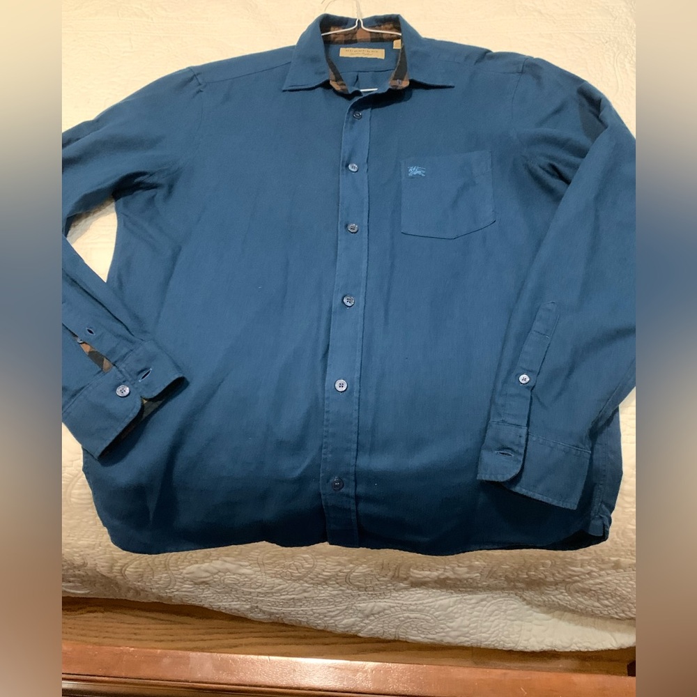 Burberry London England Teal long Sleeve PreOwned Button Shirt Size Medium